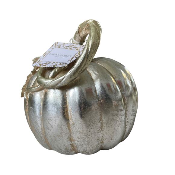 Laura Ashley Metallic Silver PUMPKIN With 3D Gold Leaf Detail 9" Fall Decor NEW - Picture 9 of 10